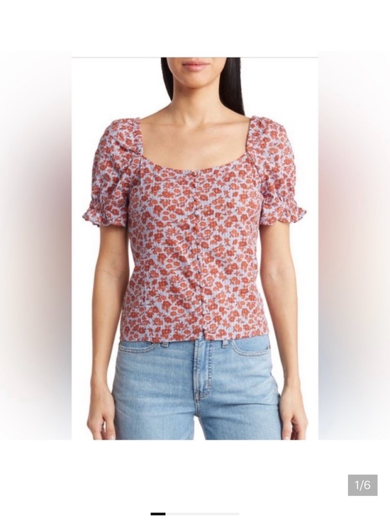 Madewell Tops - Madewell Rust Floral Square-Neck Puff Sleeve Blouse
